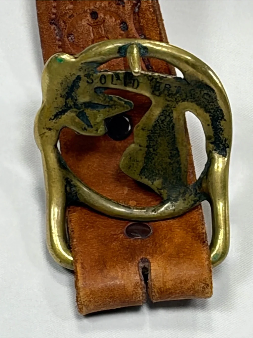 Vintage Tooled Leather Belt Brown Solid Brass Palm Tree Island Buckle Size 36